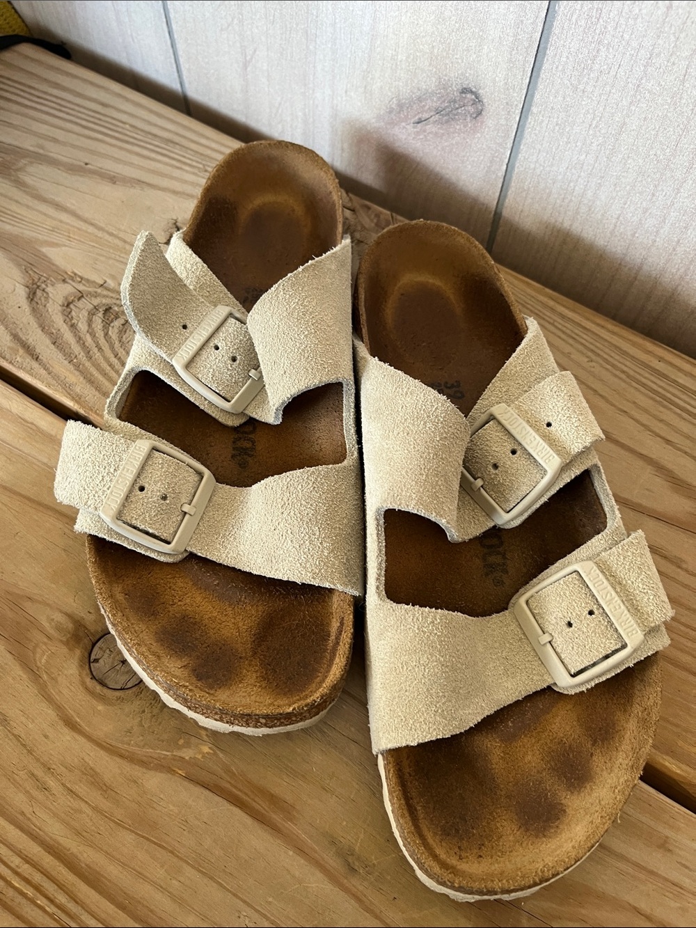 Birkenstock Beige Suede Two-Strap Sandals
